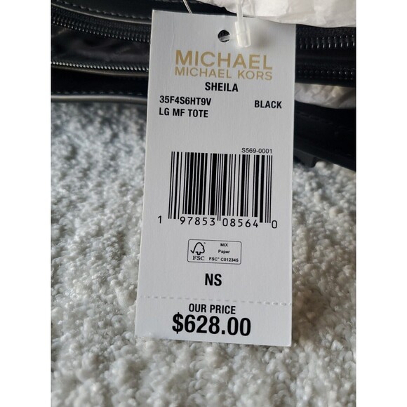 Michael Kors Sheila Black Gray Silver Double Handle Logo Medallion Tote 10" X16" - Picture 8 of 9